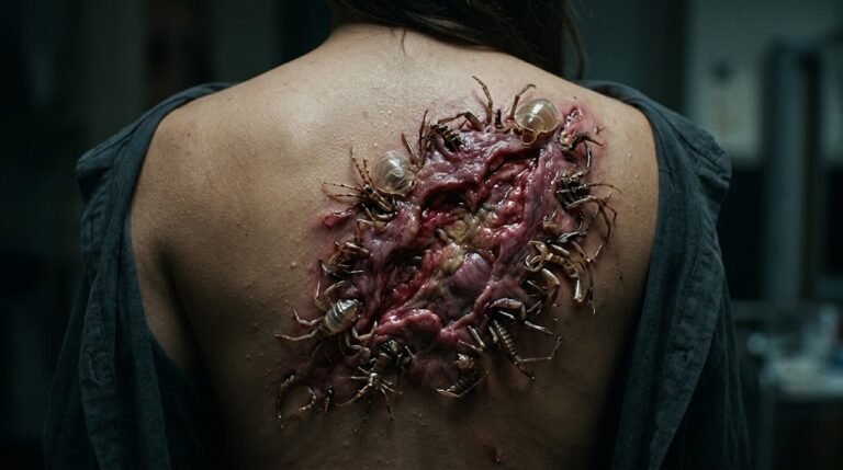 😱 A Severe Back Wound Surrounded by Insect-Like Structures: What Could Be Happening?