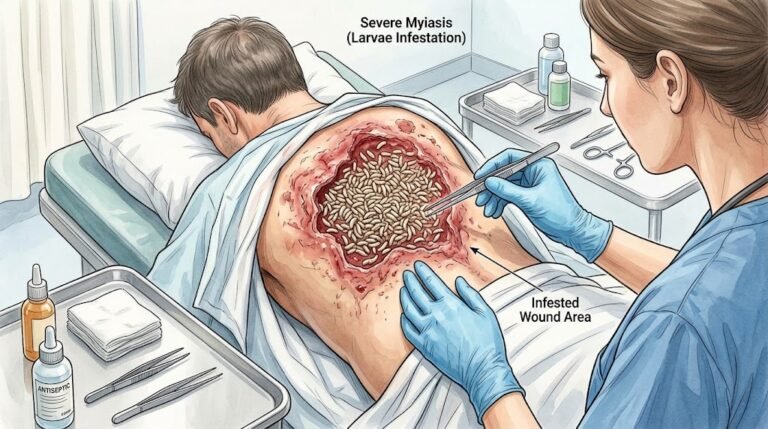 🩺 Hundreds of Larvae Covering a Severe Back Wound: A Shocking Case of Possible Myiasis